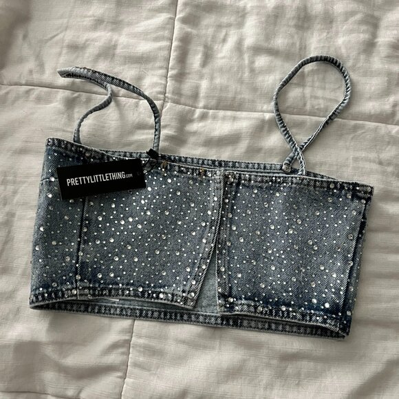 PRETTY LITTLE THING RHINESTONE JEAM CROP TOP - Picture 2 of 3